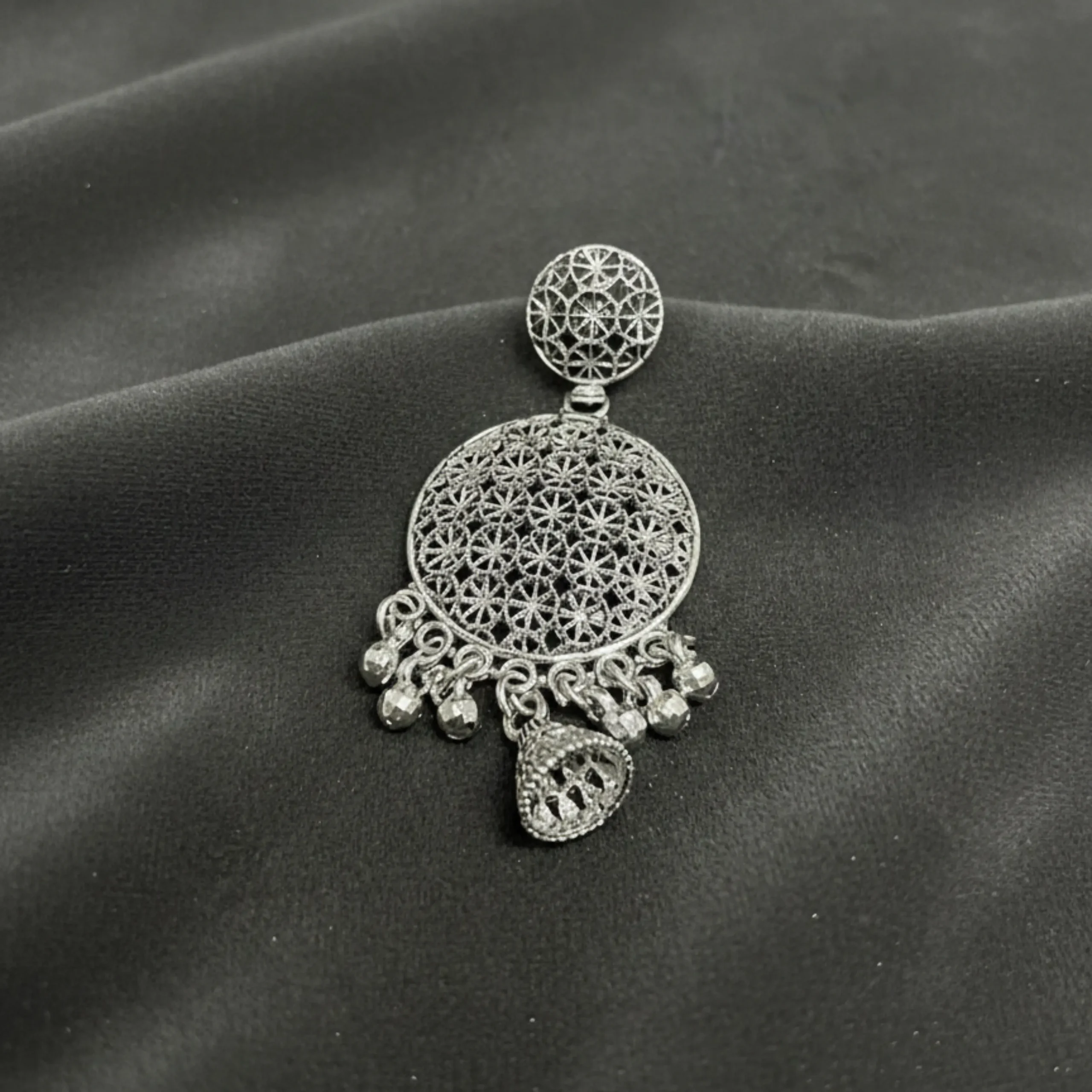 Oxidized Silver Mandala Filigree Drop Earring