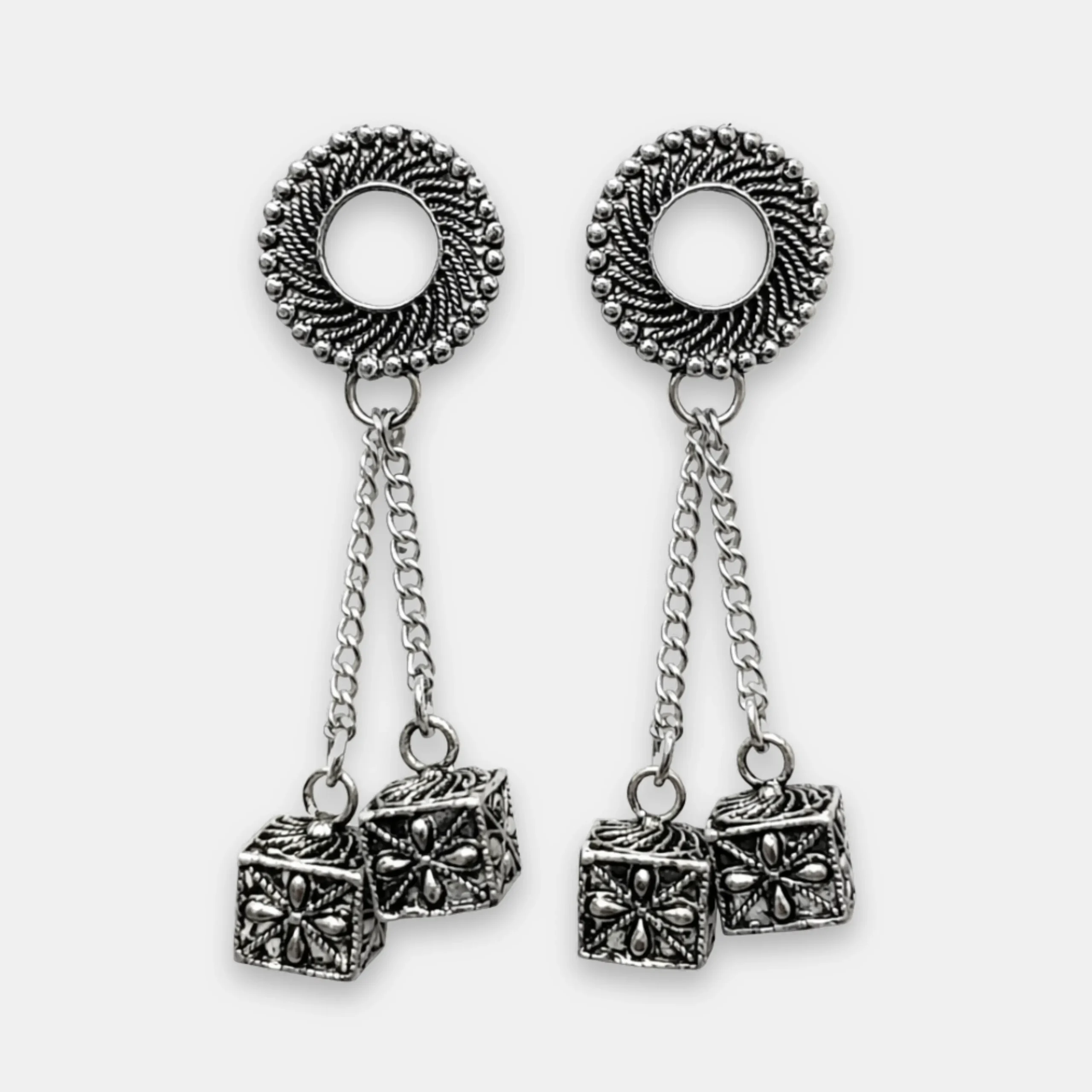 Oxidized Cube Drop Earring