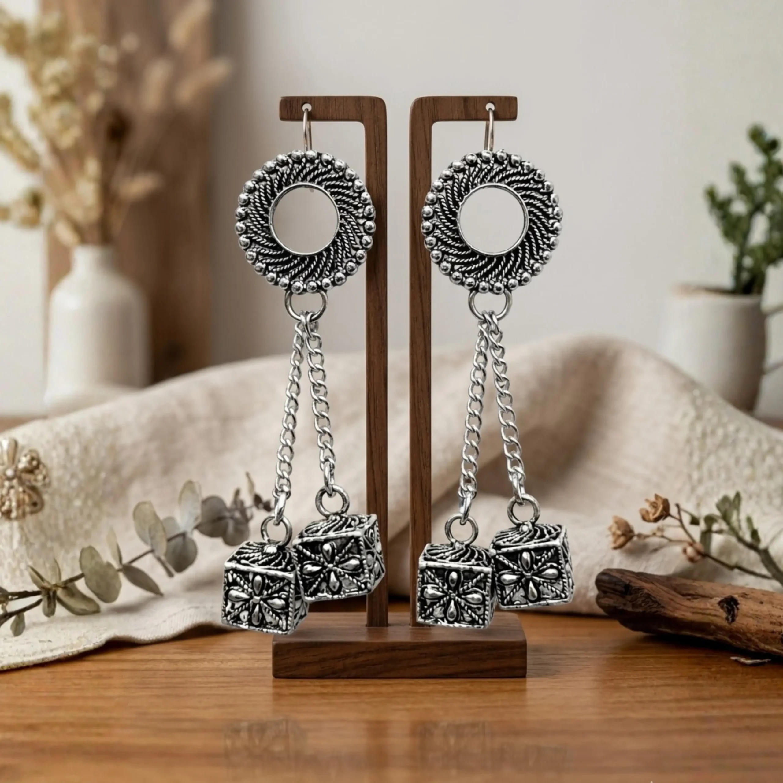 Oxidized Cube Drop Earrings 1