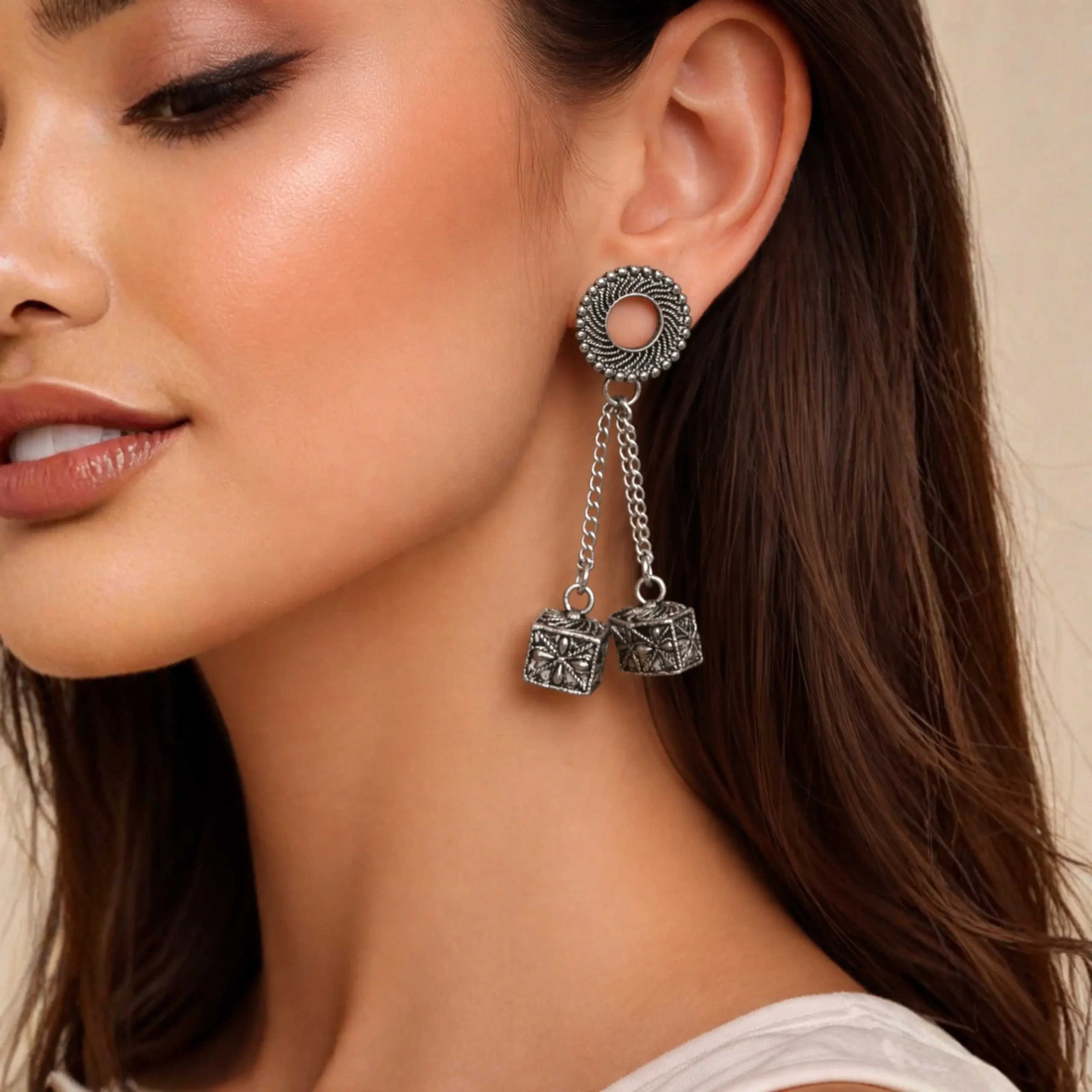 Oxidized Cube Drop Earrings