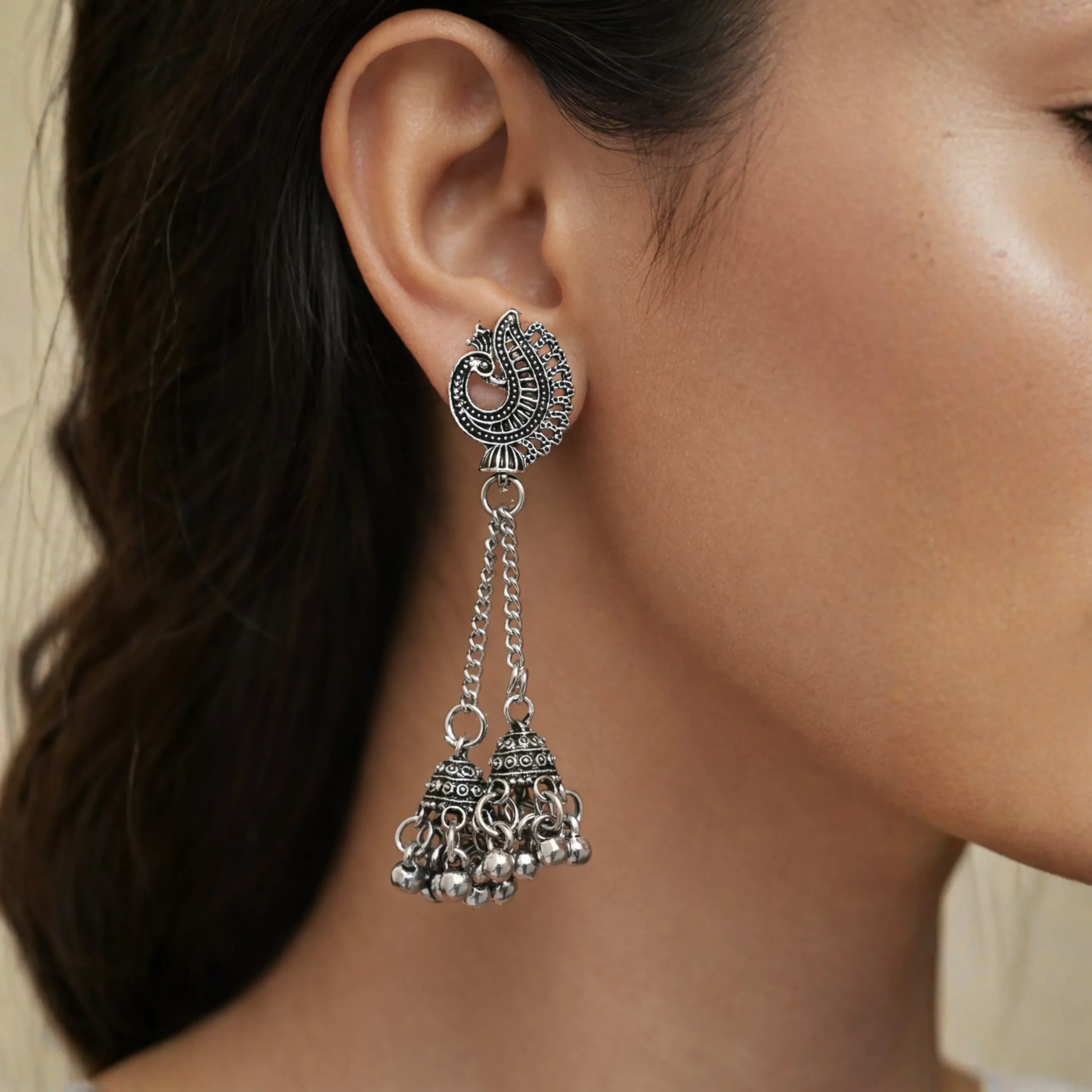 Oxidized Peacock Drop Earrings