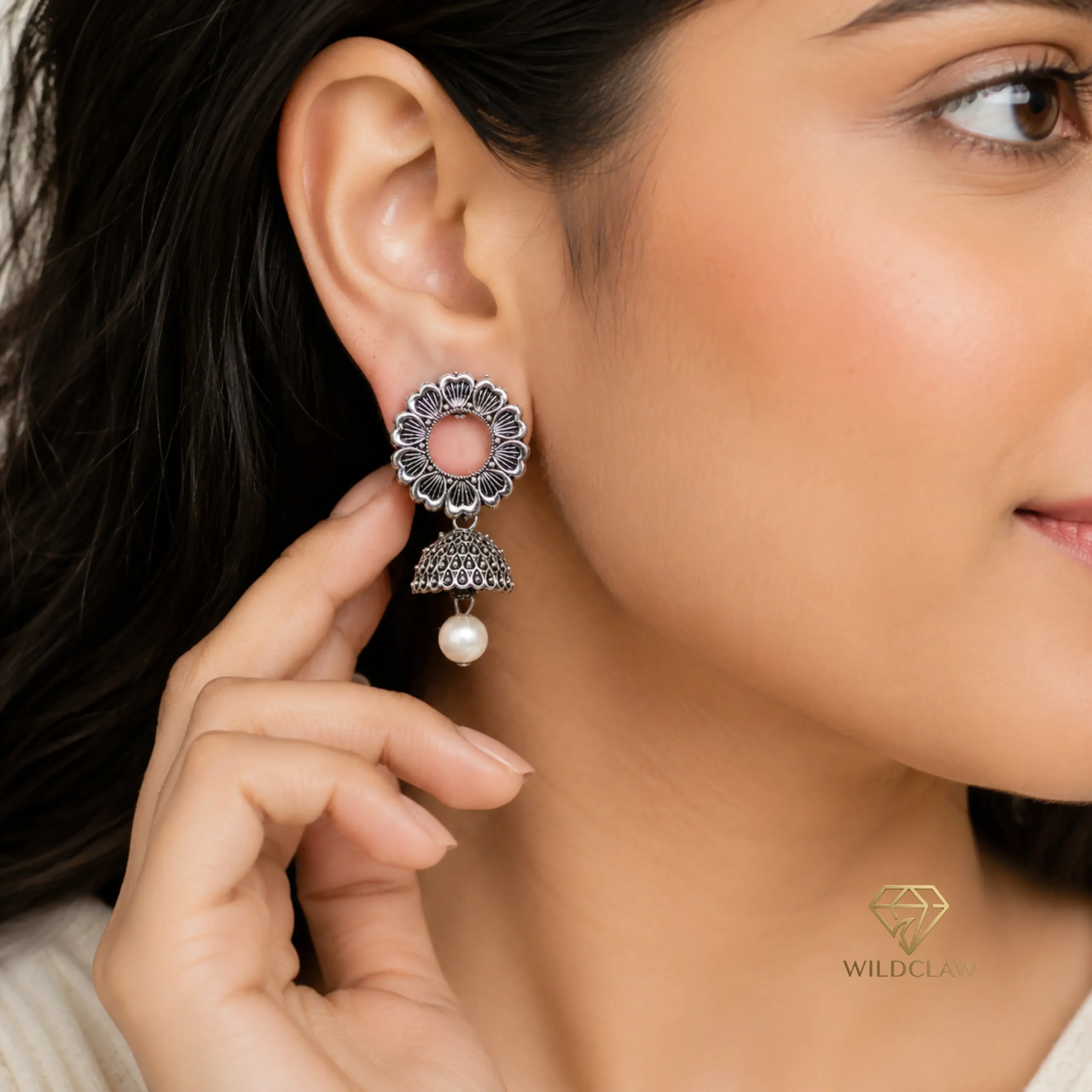 Oxidized Blossom Pearl Earring