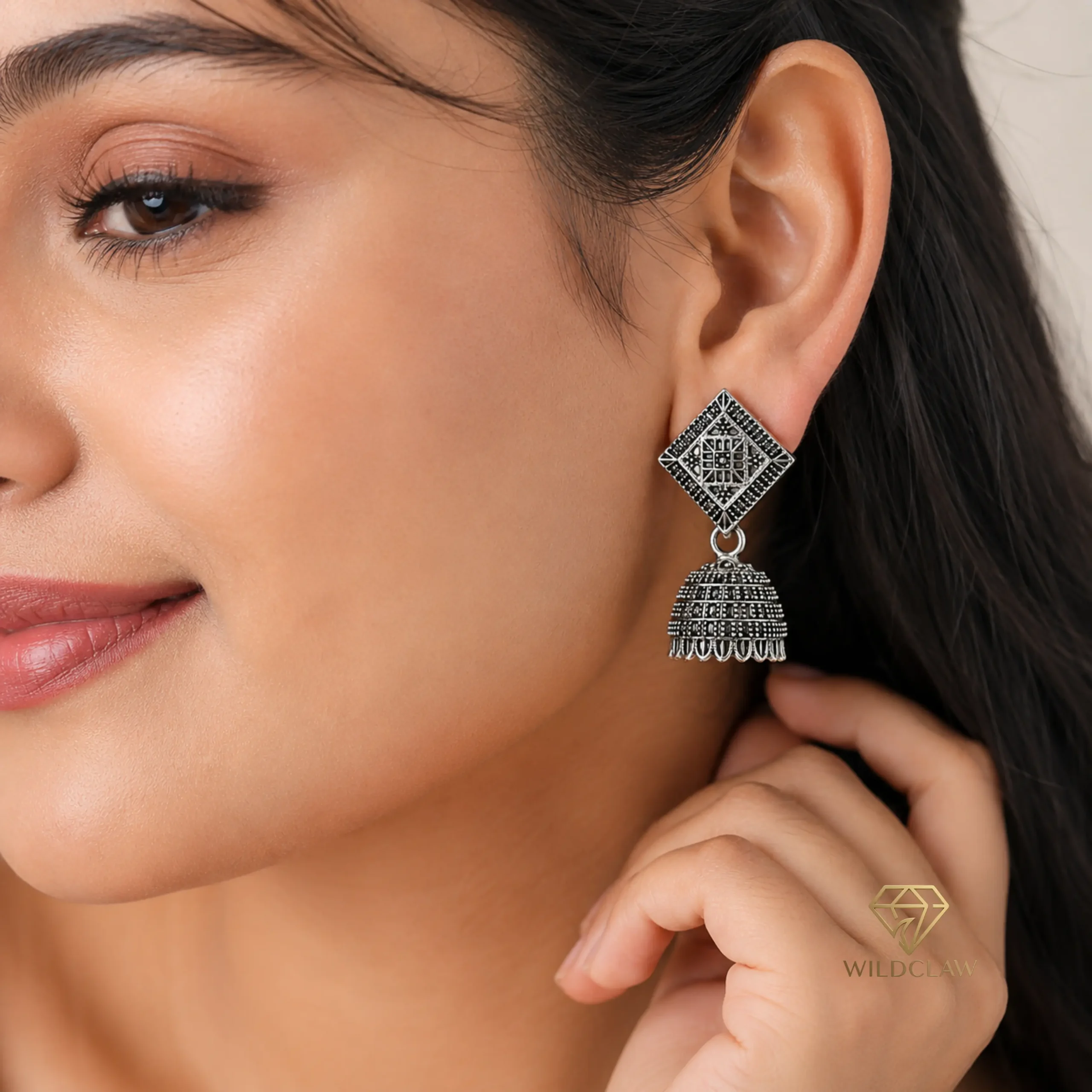 Oxidized Square Drop Jhumka Earrings