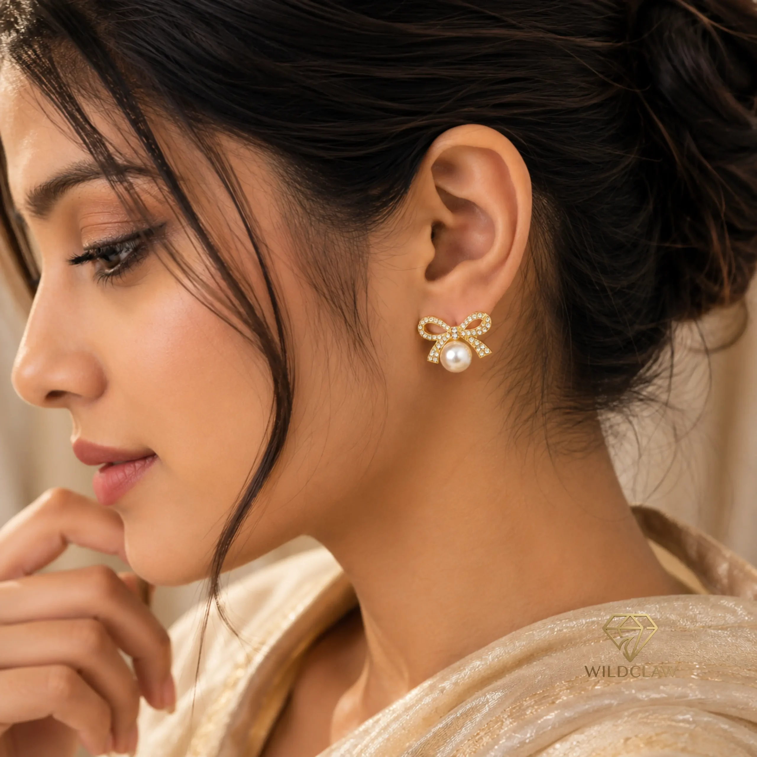 Golden Ribbon Pearl Earrings